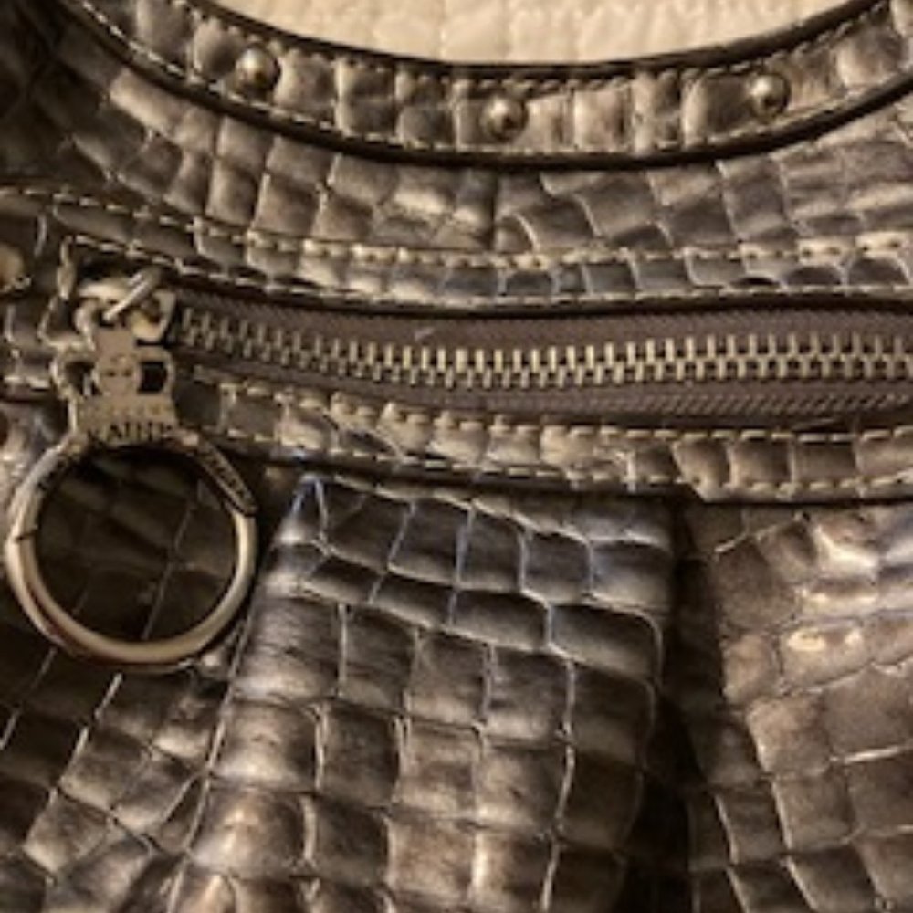 Kathy Van Zeeland gray faux crocodile small purse with chain handle,